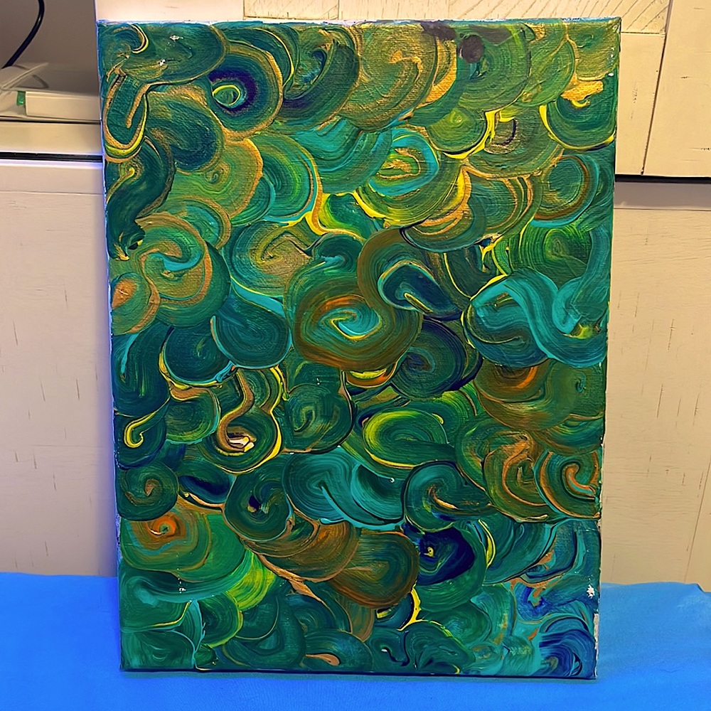 Painting on canvas. Colors: green,turquoise,yellow,orange w/sparkles,blue,brown